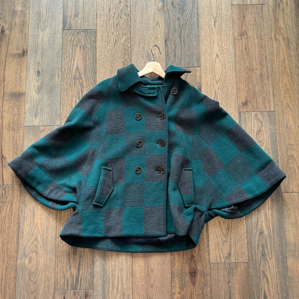 Anthropologie green plaid wool cape size small